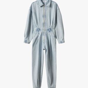 Blue Plaid Jumpsuit with Tapered Legs and Elastic Waist